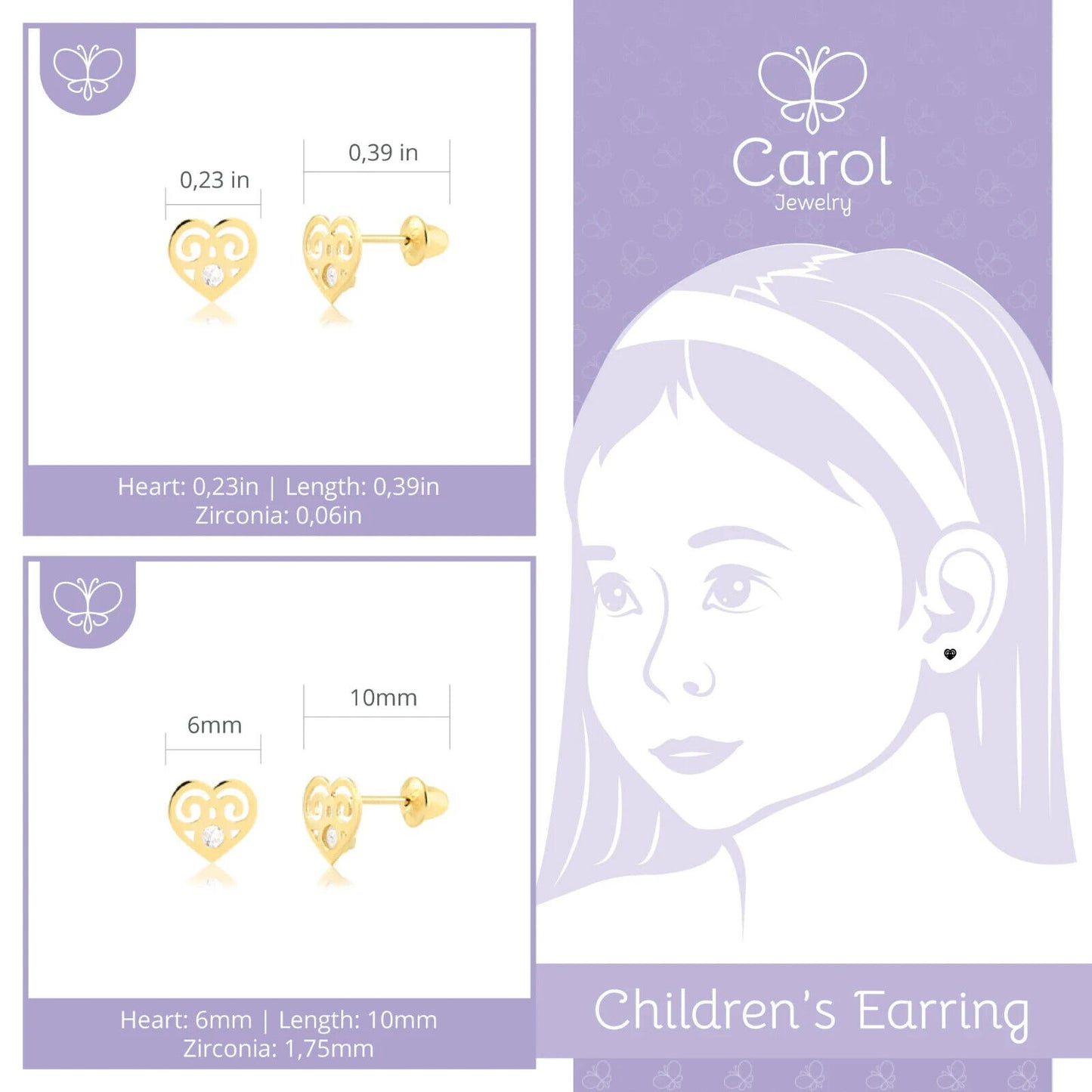 Heart Cubic Zircon 18k Solid Gold Push Backs Stud Earrings for Infants Toddlers