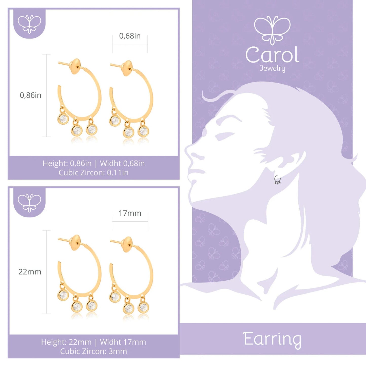 Dangle Synthetic White Zircons 18k Solid Gold Hoop Earrings for Women and Teens