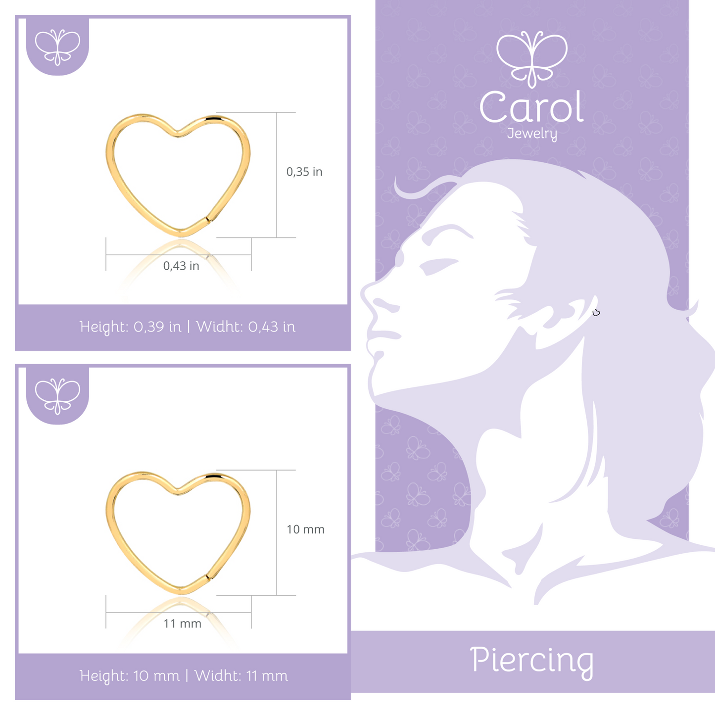 Heart Cartilage Helix Piercing 18k Solid Gold Earrings or Nose Piercing Women