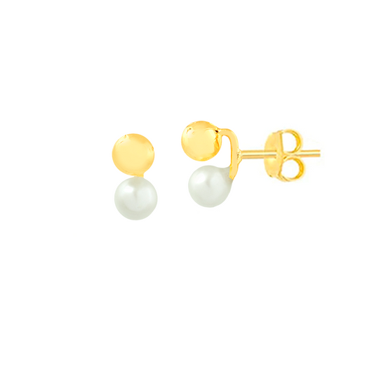 18k Solid Gold Pearl and Gold Ball 3 mm Push Back Stud Earrings for Baby Infants