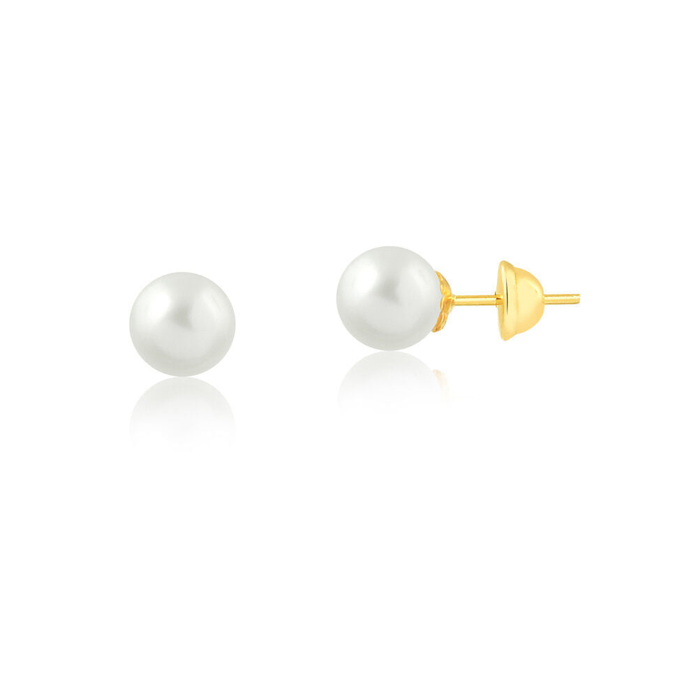 Earrings Freshwater Pearl 18k Yellow Gold Stud 7.5 mm for Women and Girls