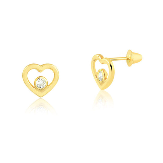 18k Solid Gold Heart Cubic Zircon Push Back Stud Earrings for Toddlers Children