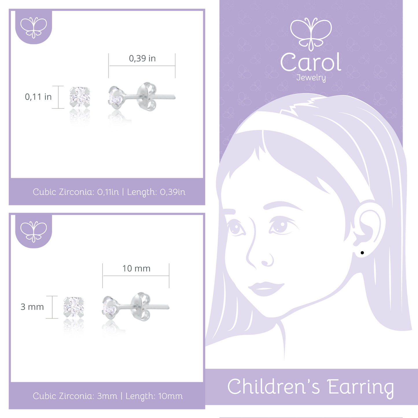 10k White Gold Cubic Zirconia 3mm classic design earring