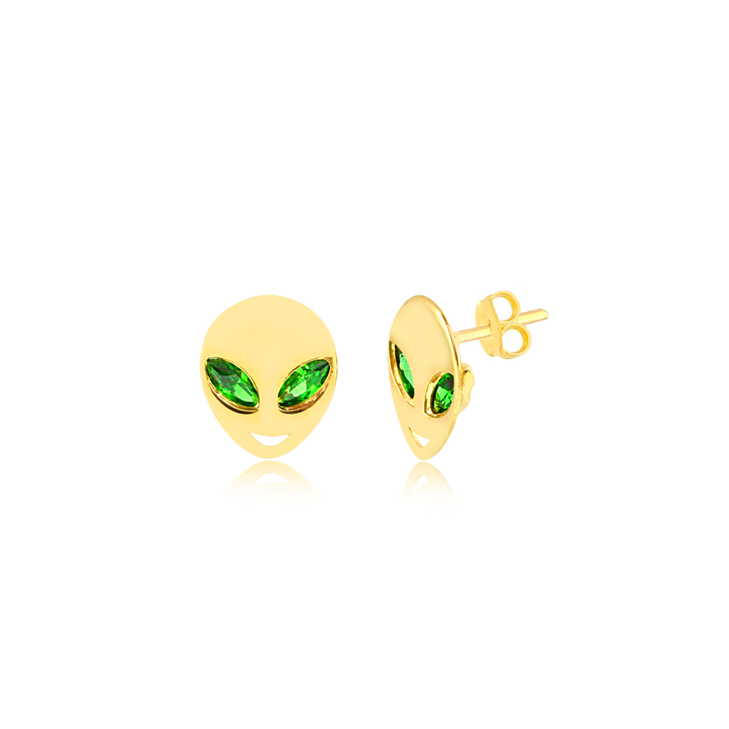 18 K Yellow Gold with green stone  Alien  earrings for women, girls and kids.