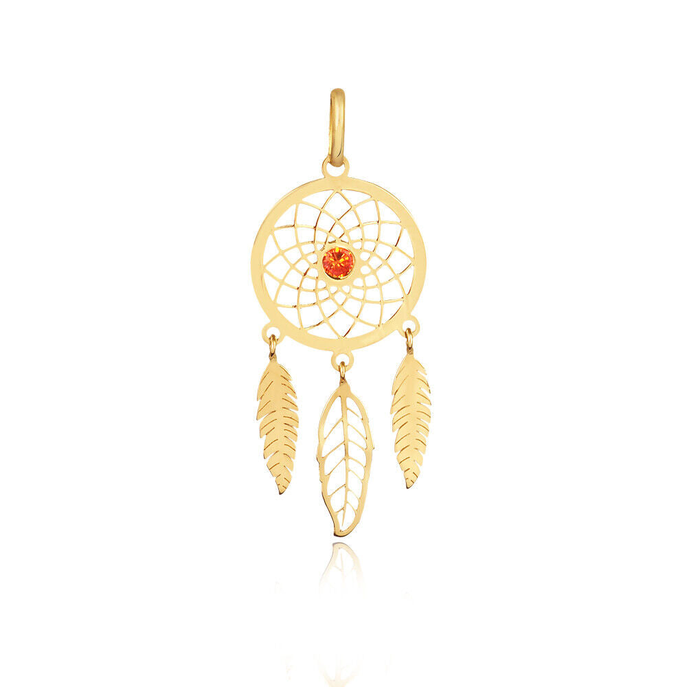 Dream Catcher 18k Solid Yellow Gold Feather Orange Zircon 3 mm Charm charm