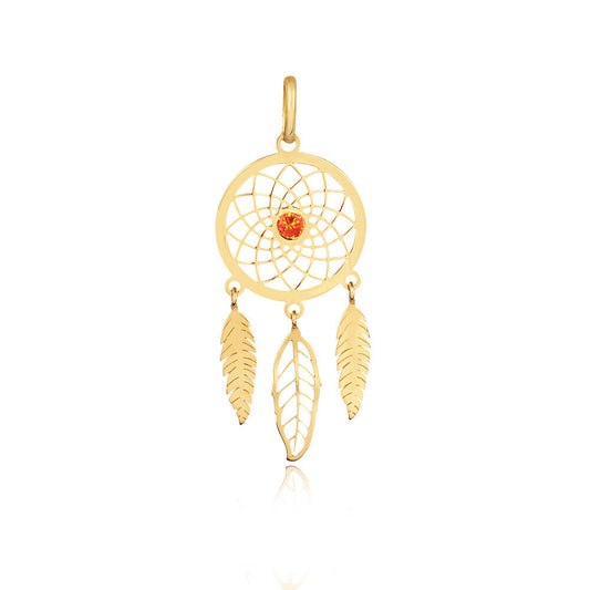 Dream Catcher 18k Solid Yellow Gold Feather Orange Zircon 3 mm Charm charm