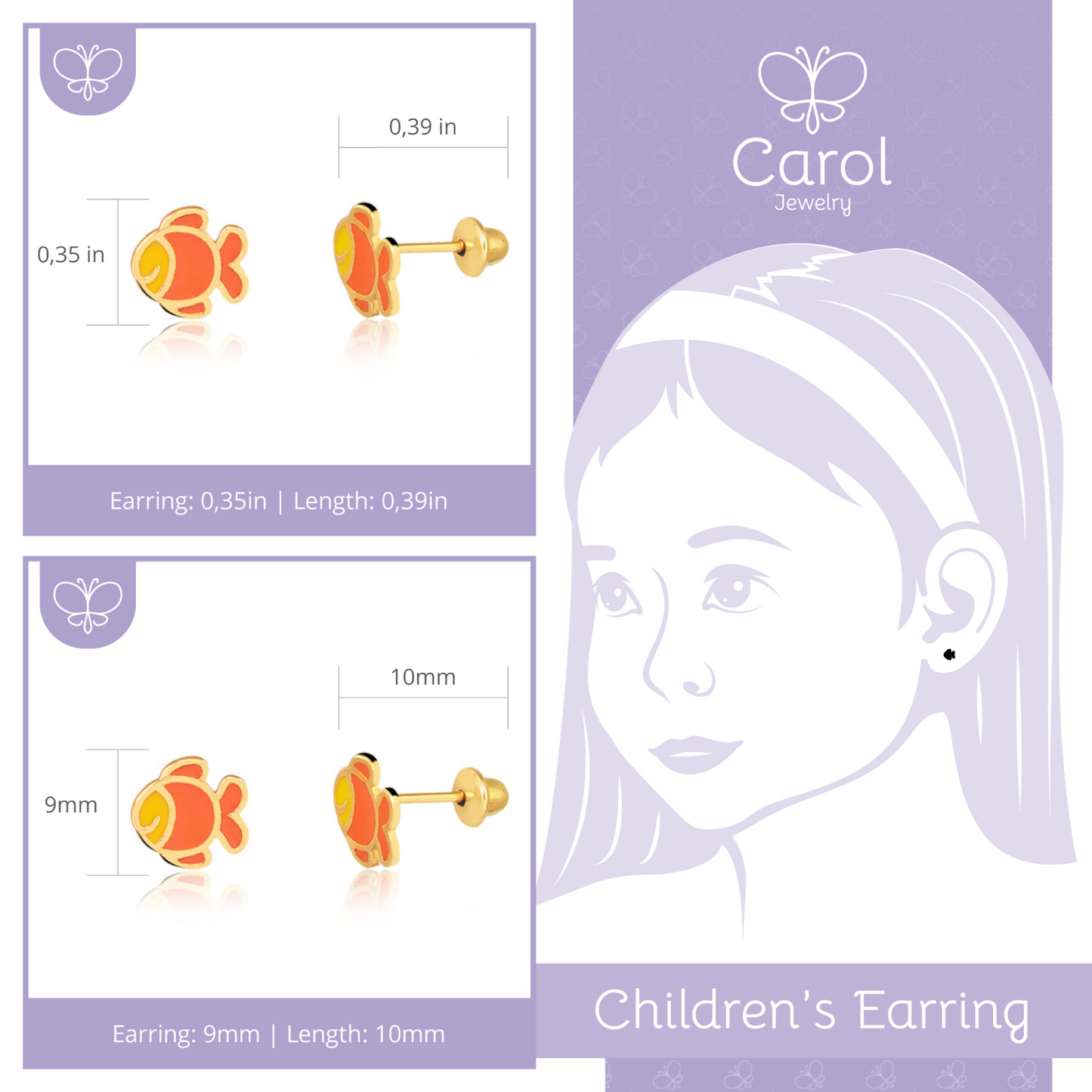 18k Solid Gold Enamel/Resin Fish Push Back Stud Earrings for Infants Toddlers