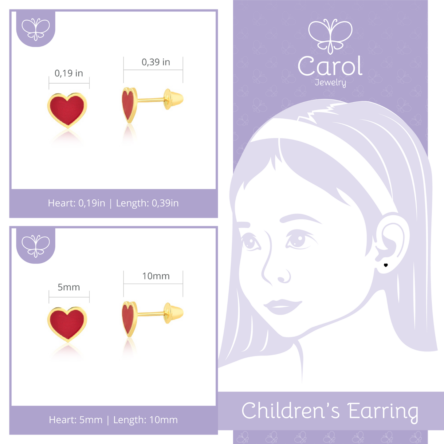 18k Solid Gold Red Enamel Heart Shaped Push Backs Stud Earrings Infants Toddlers