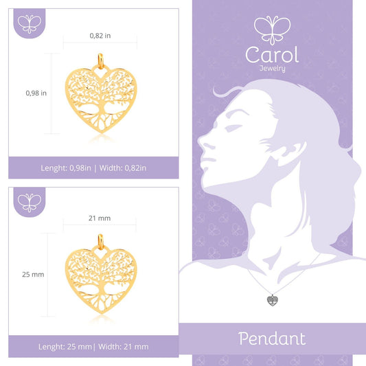 14k Solid Gold Family Tree of Life Heart Shaped charm for Chain for Women