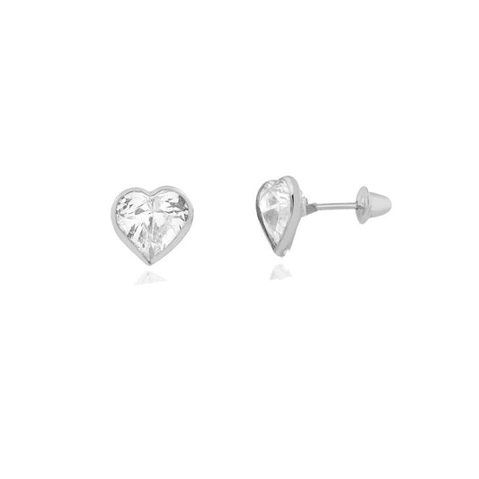 Heart Cubic Zircon 18k White Gold Push Back Stud Earrings for Girls and Children