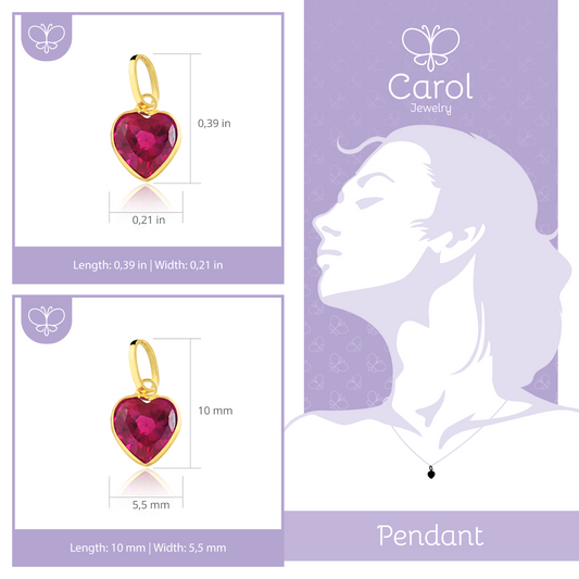 18k Solid Gold Red Cubic Zircon 5.5 mm Heart Shaped charm for Girls Children