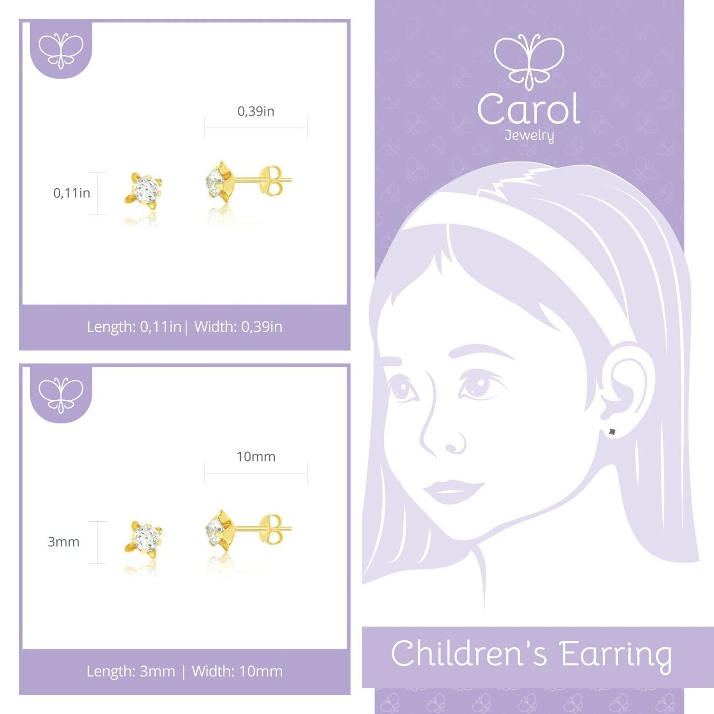 18k Solid Gold Leaves Zircon Butterfly Backs Stud Earrings for Babies Infants
