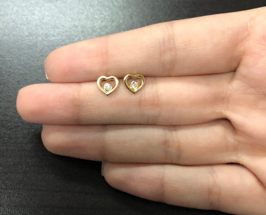 18k Solid Gold Heart Cubic Zircon Push Back Stud Earrings for Toddlers Children