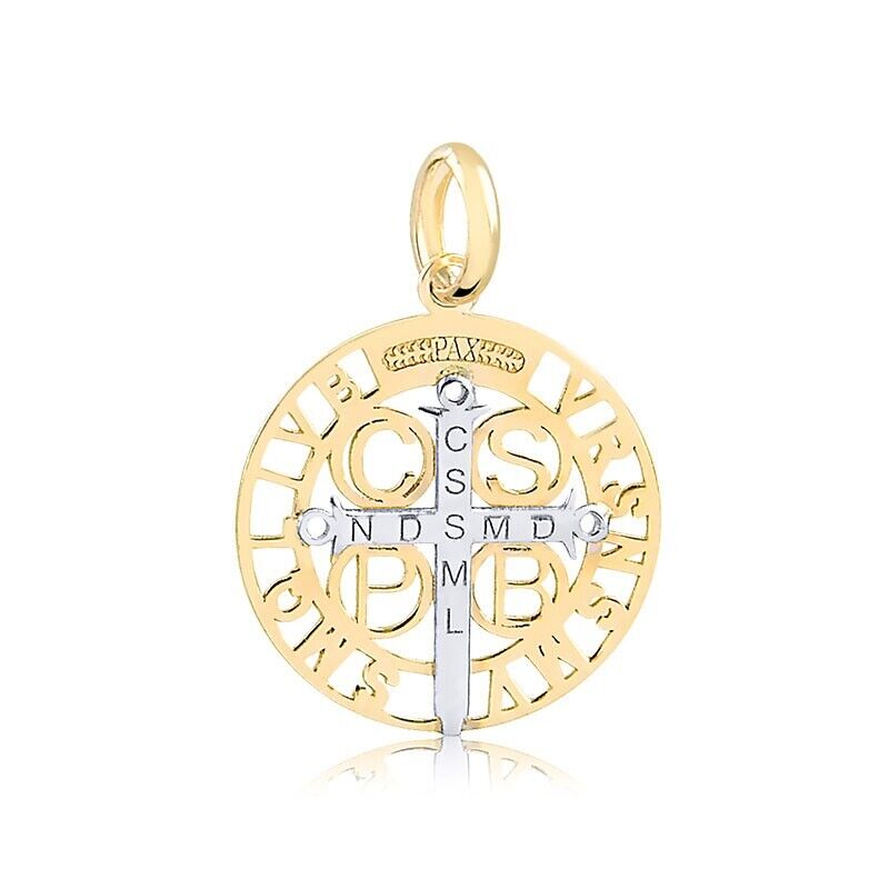 14k Solid Yellow and White Gold Saint Benedic charm for Chain Men and Women