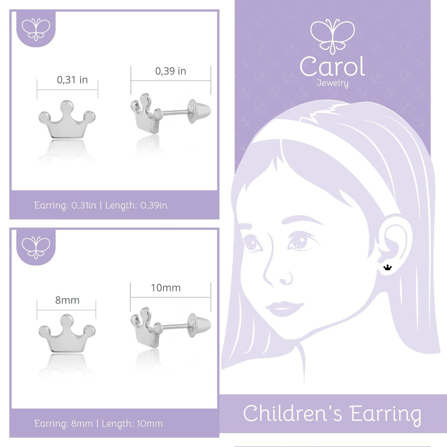 Crown Screw Back Earrings 18k Solid White Gold  for Babies, Girls, and Infants