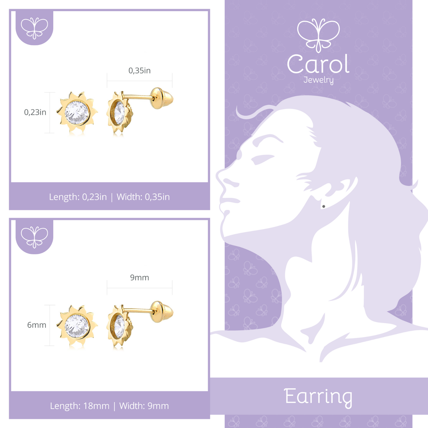 14k Solid Yellow Gold Sun shape Butterfly Backs Stud Earrings