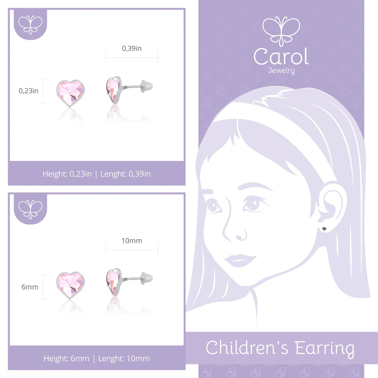 Pink Zircon Heart Shaped 18k Solid White Gold Push Back Stud Earrings for Girls