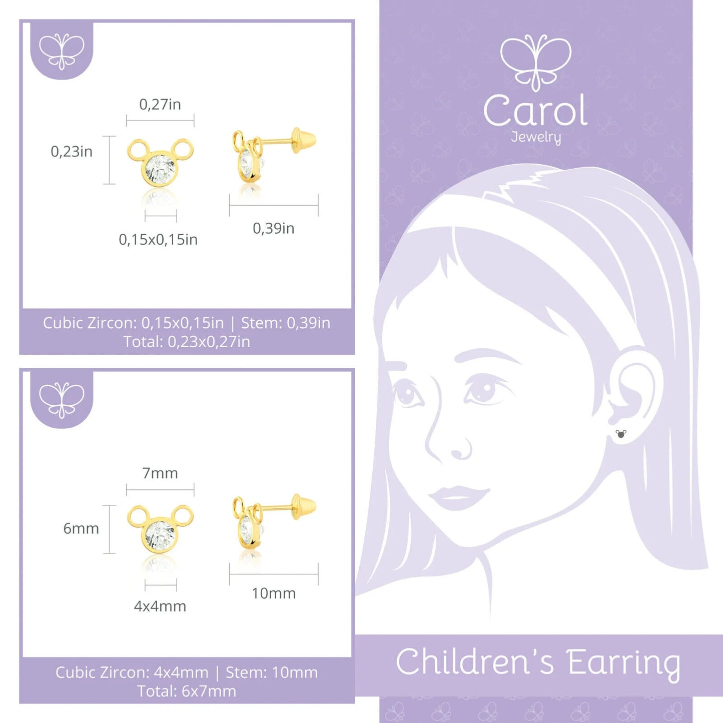 18k Solid Gold White Zircon Mouse Push Backs Stud Earrings for Toddlers Infants