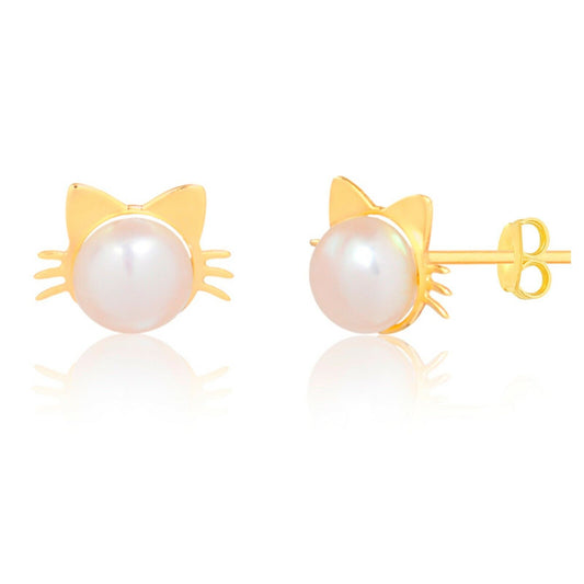 14K Gold Cat Face Round Freashwater Pearl Gift Cat Earring Butterfly Back