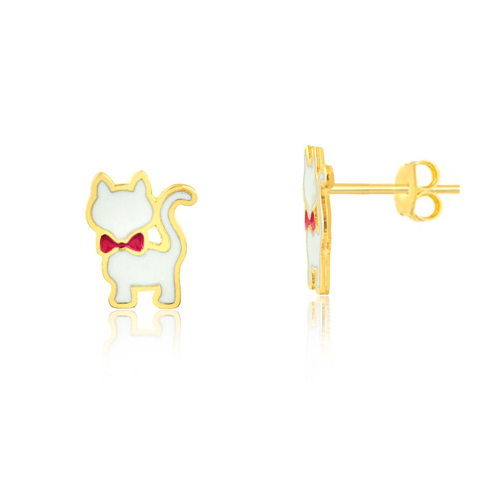 18k Solid Yellow Gold Enamel Cat Bow Tie Push Back Stud Earrings Infant Toddler