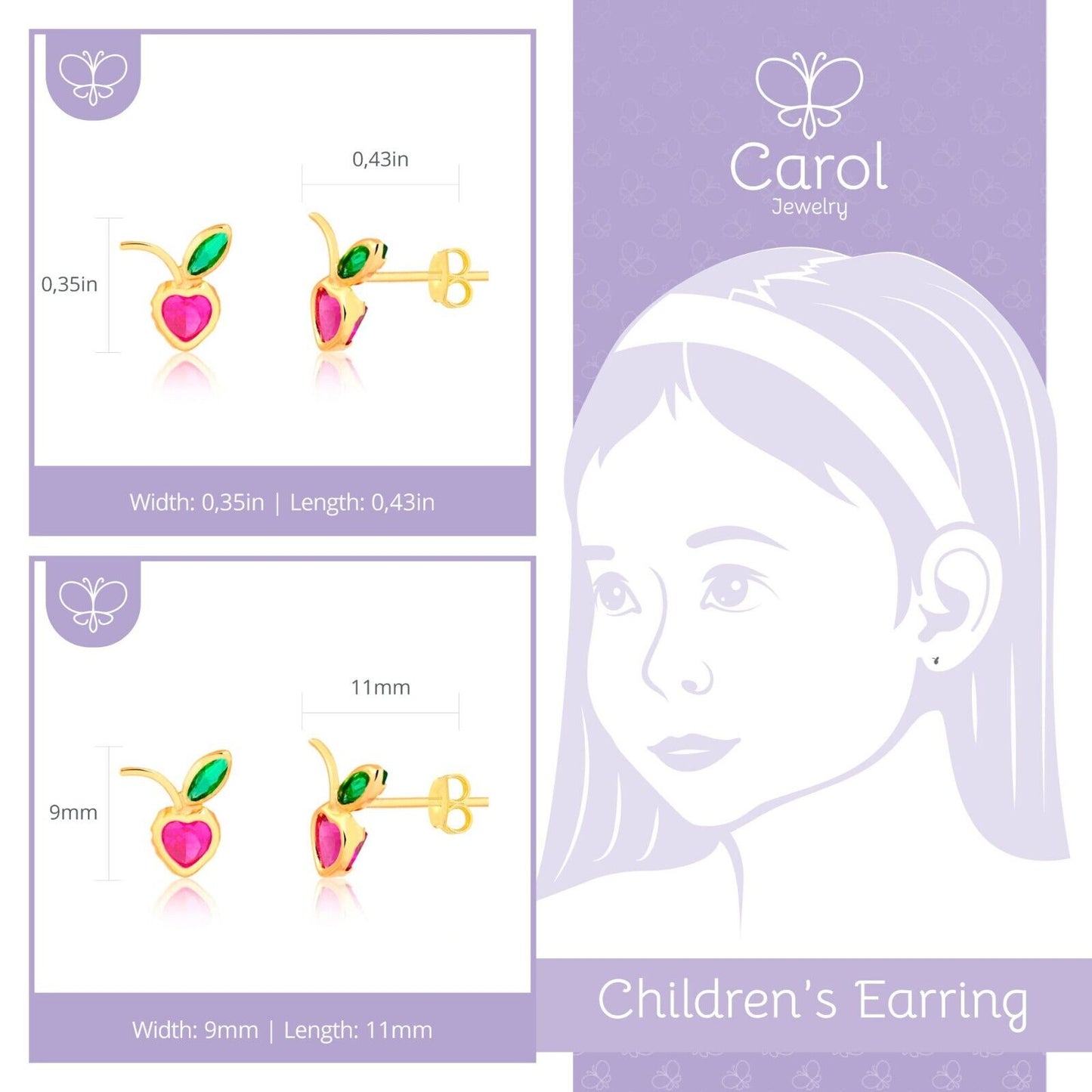 Cubic Zircon Apple 18k Solid Gold Butterfly Back Stud Earrings Infants Toddlers