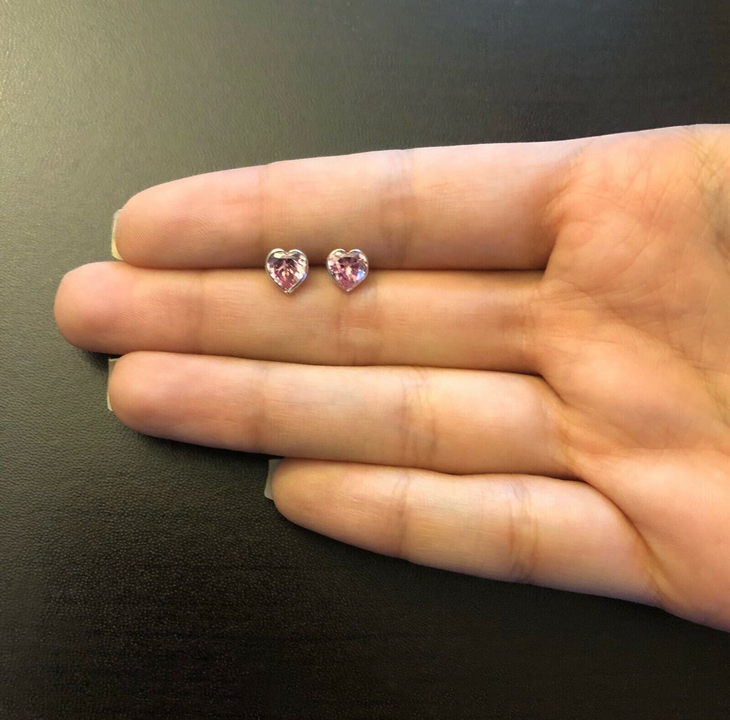 Pink Zircon Heart Shaped 18k Solid White Gold Push Back Stud Earrings for Girls