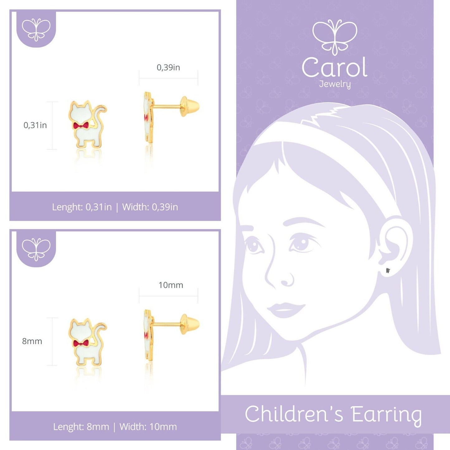 18k Solid Yellow Gold Enamel Cat Bow Tie Push Back Stud Earrings Infant Toddler