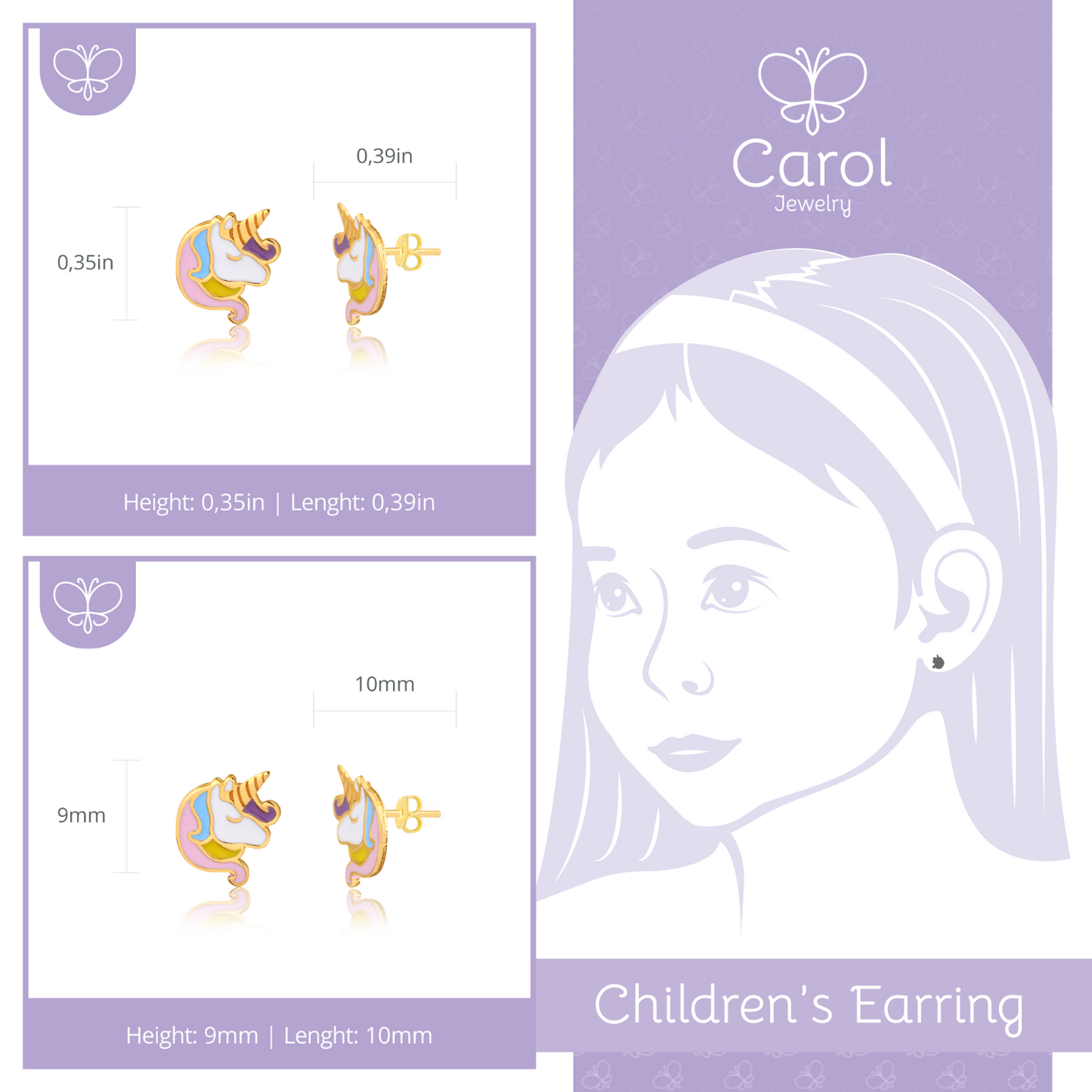 14K Gold Enamel Unicorn Colored Earring for Her Resin Unicorn Back Stud