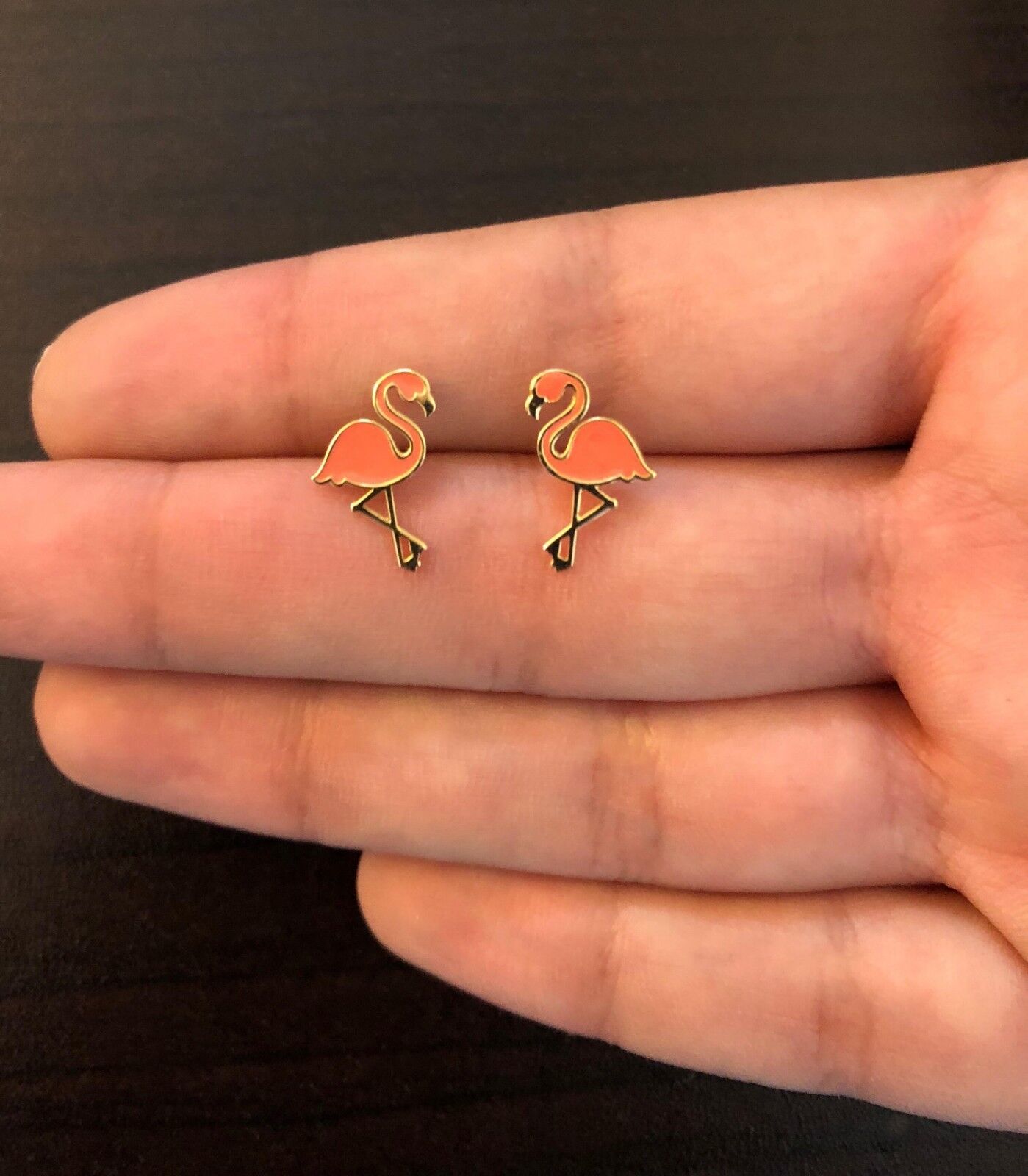 Flamingo 18k Solid Gold Enamel Push Back Stud Earrings for Toddlers and Children