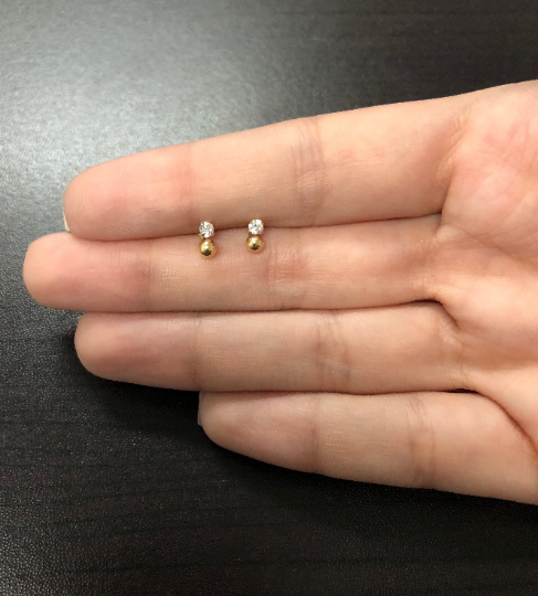 18k Solid Gold CZ & Ball Stud Earrings for Infants & Toddlers