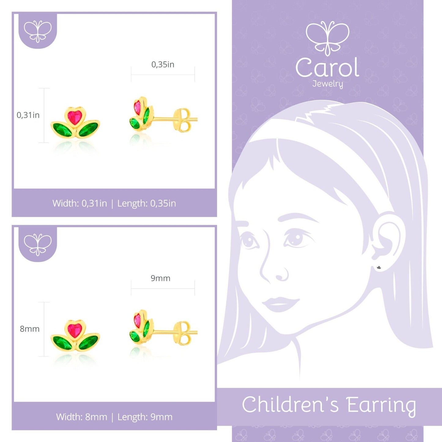 Tulip Flower 18k Solid Gold Cubic Zircon Stud Earrings for Infants Toddlers