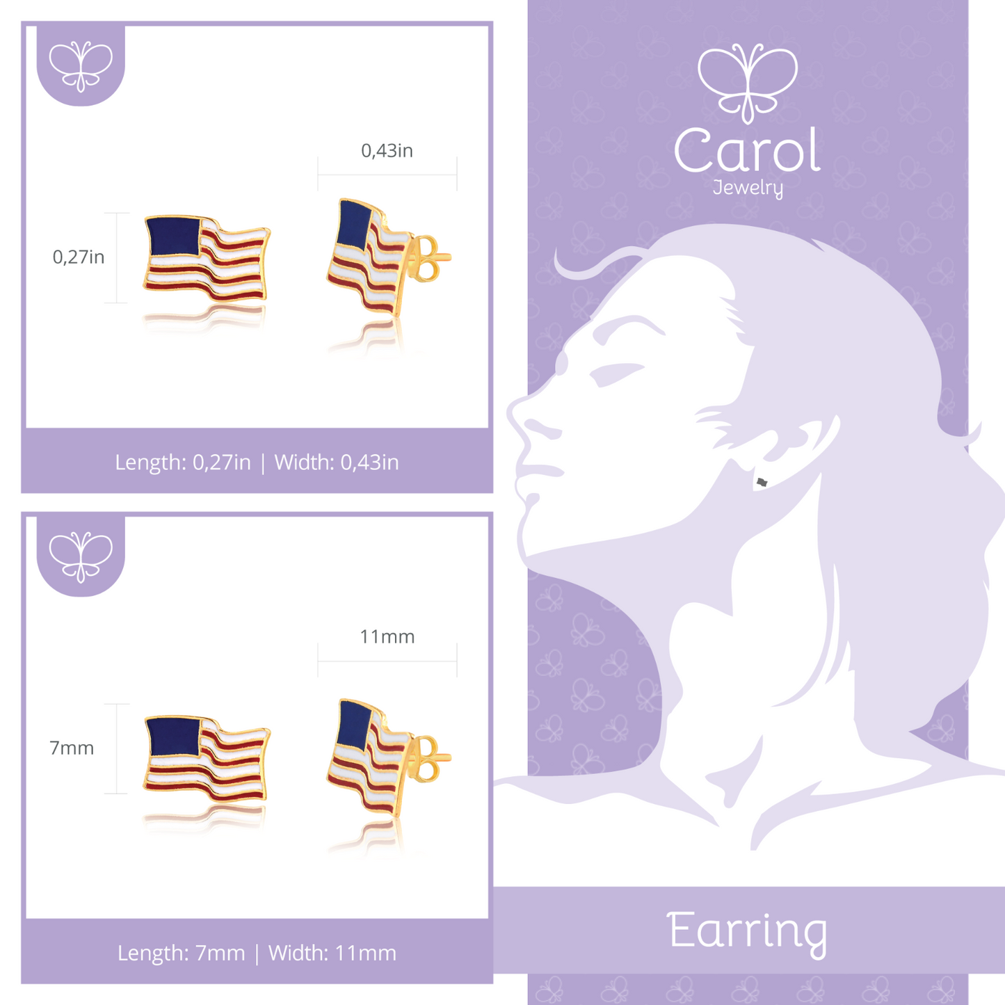 14k Solid Gold Enamel Resin USA Flag Patriot  Butterfly Backs Stud Earrings for Girls