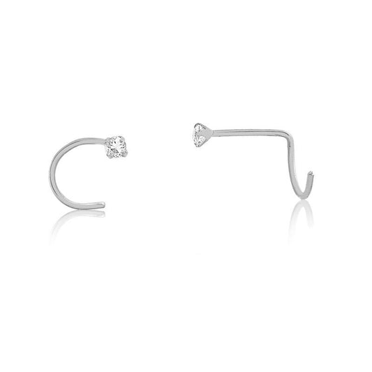 18k Solid White Gold Tiny Nose Stud Screw L Shaped Zircon 1.75 mm Piercing Women