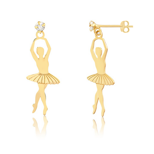 18k Solid Gold Ballet Dancer Ballerina Zircon Push Back Drop Earrings for Women