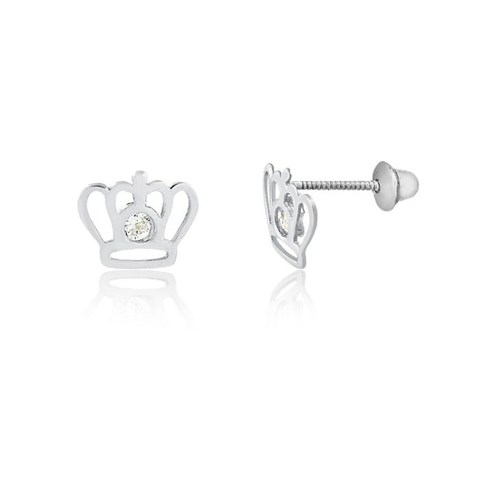 Crown 18k Solid White Gold  Zircon Screw Back Stud Earrings Toddlers Children