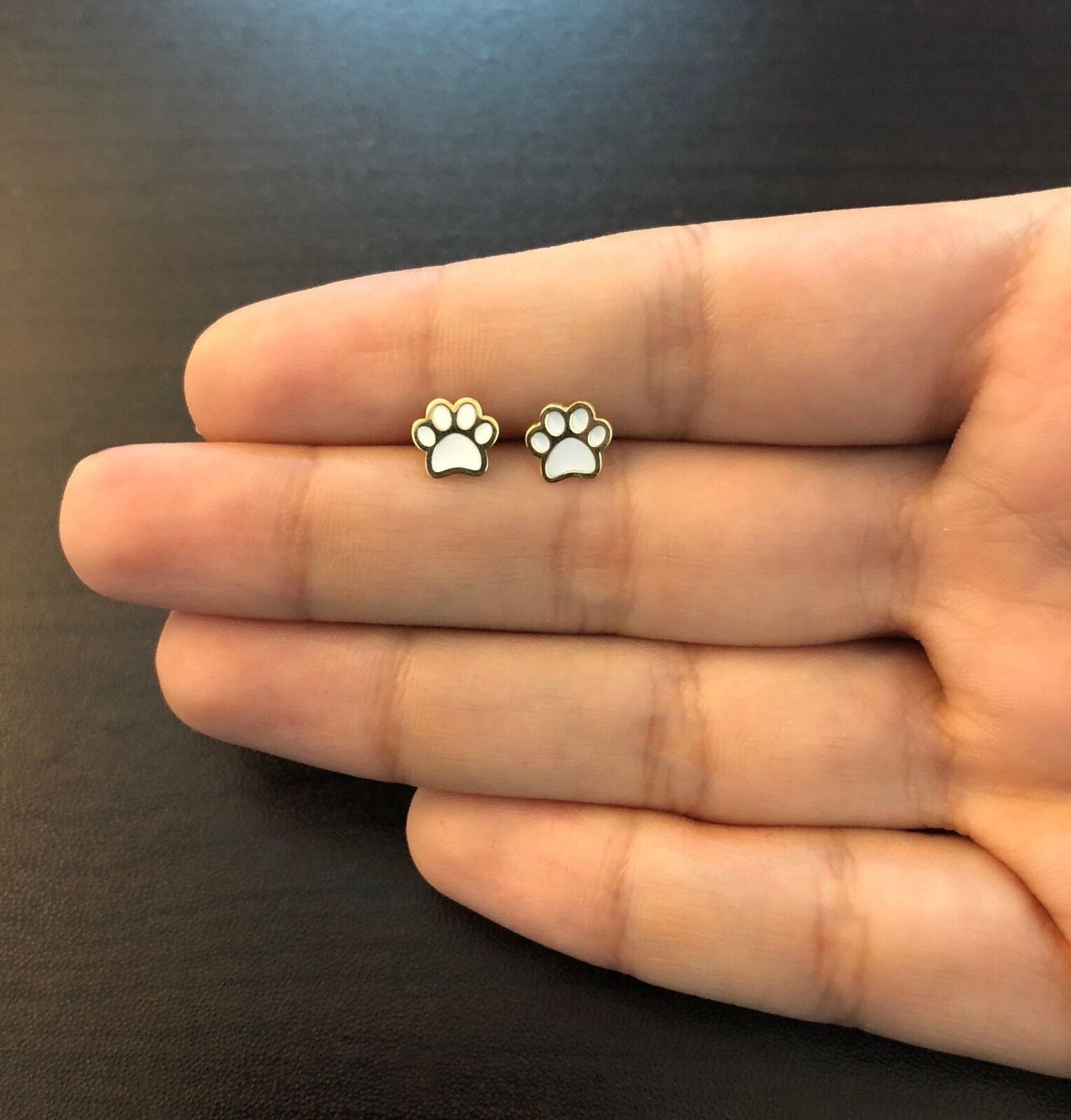 18k Solid Gold White Enamel Dog Paw Push Back Stud Earrings for Toddler Children