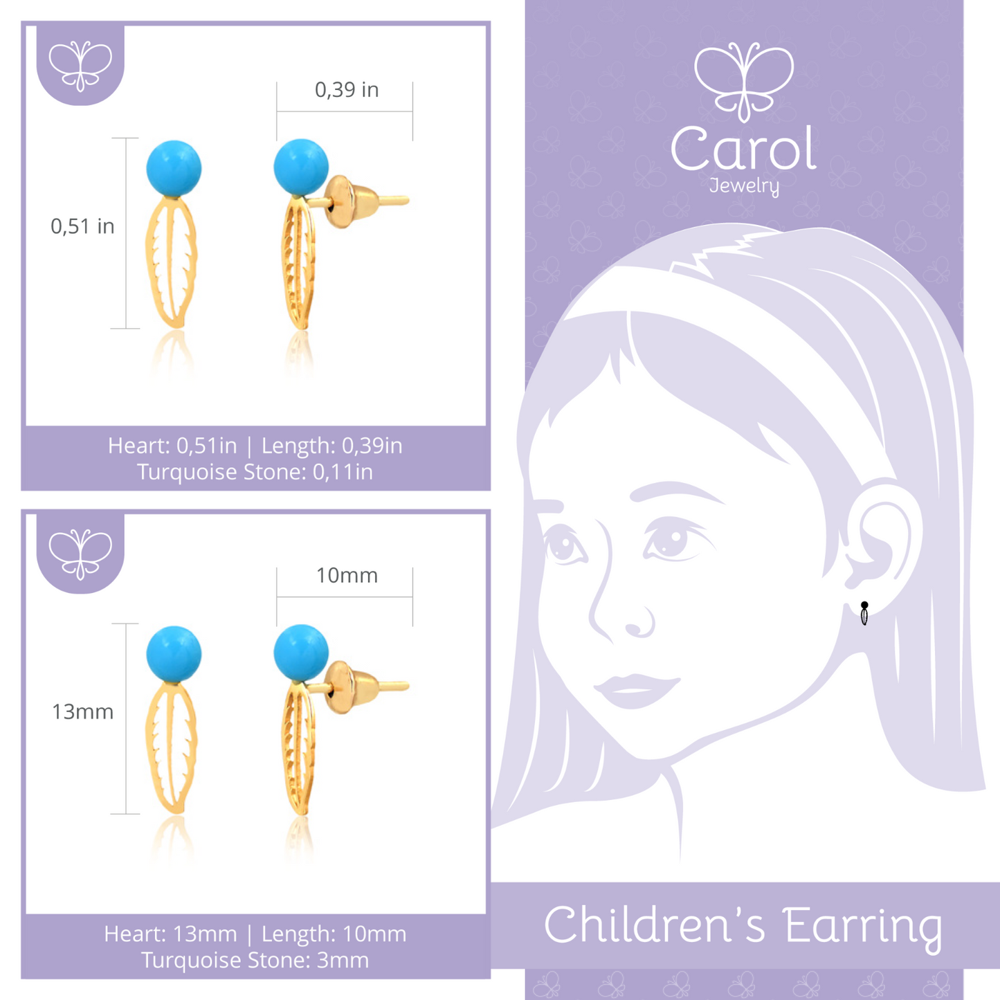 Feather Earrings 18k Solid Gold Turquoise Stone Push Backs Toddlers Children