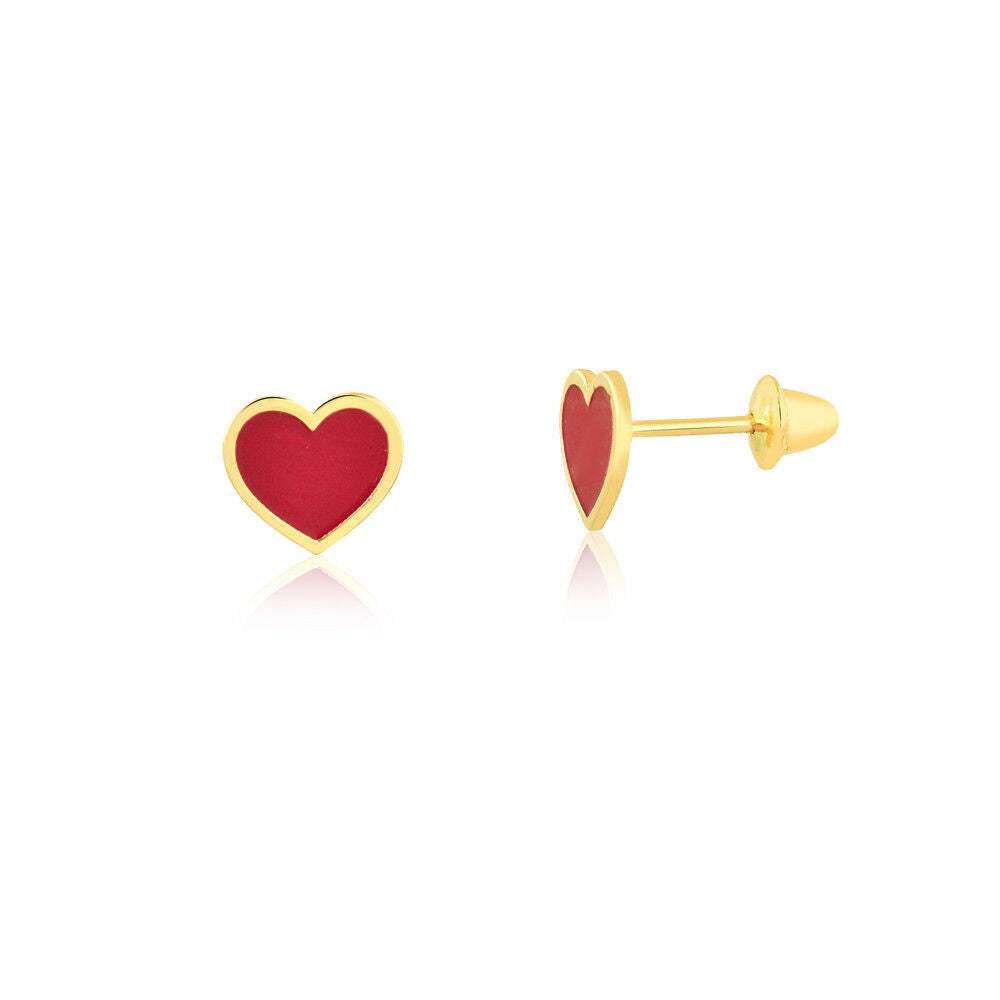 18k Solid Gold Red Enamel Heart Shaped Push Backs Stud Earrings Infants Toddlers