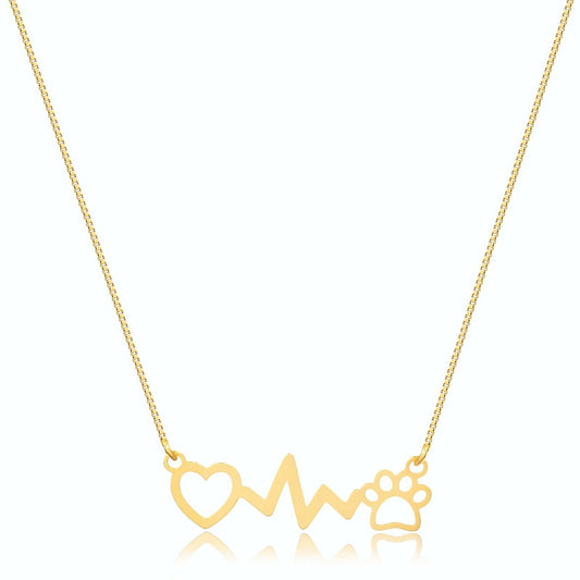 Chain Dog Lover Dog Paw Pet Heart Beat 18k Solid Yellow Gold for Women
