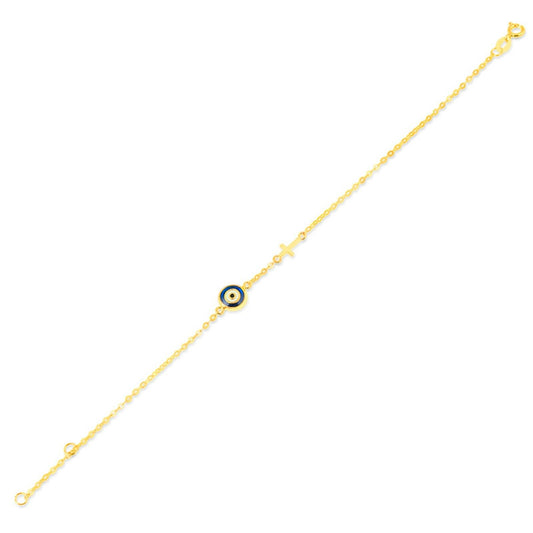 Enamel Evil Eye with Cross 18k Solid Gold Bracelet for Girls and Teens 18 cm