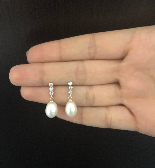 Earrings 18k Solid White Gold Freshwater Pearl Cubic Zircon Drop for Women