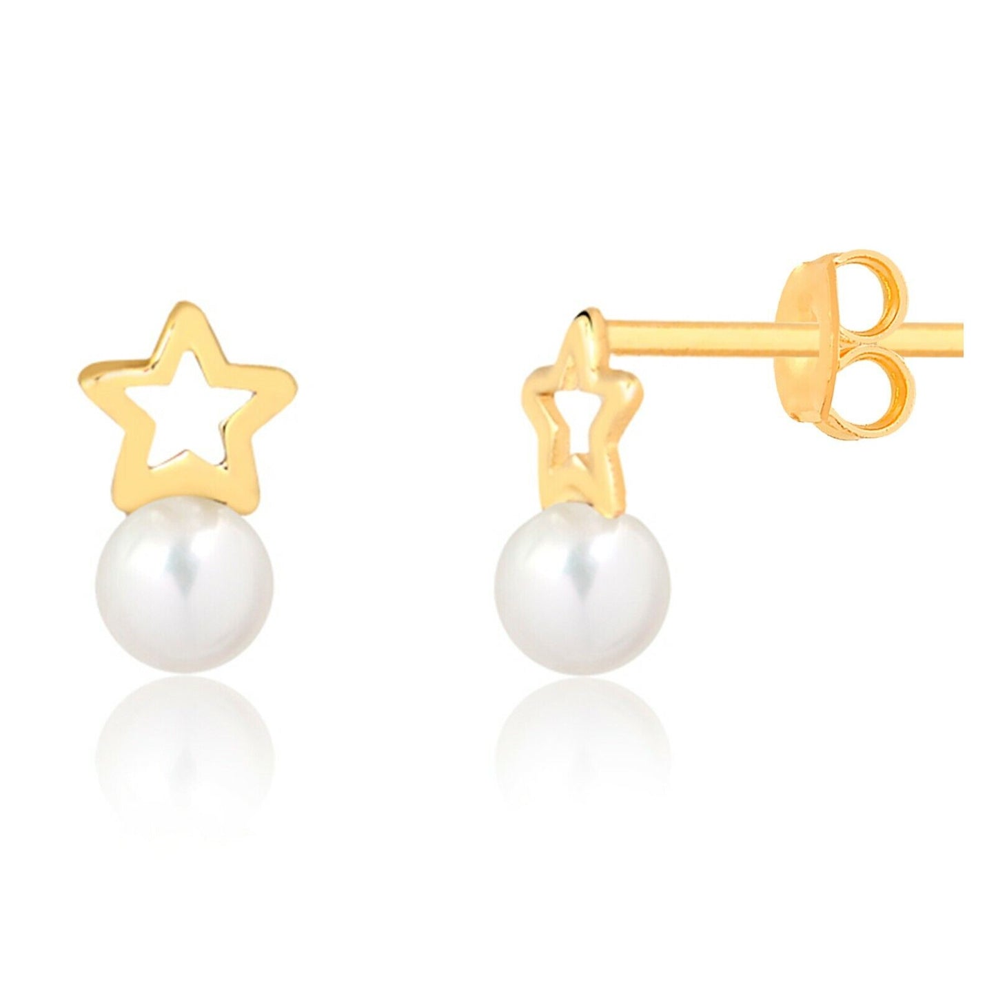 Star White Pearl 18k Solid Gold Butterfly Back Stud Earrings Infants Toddlers