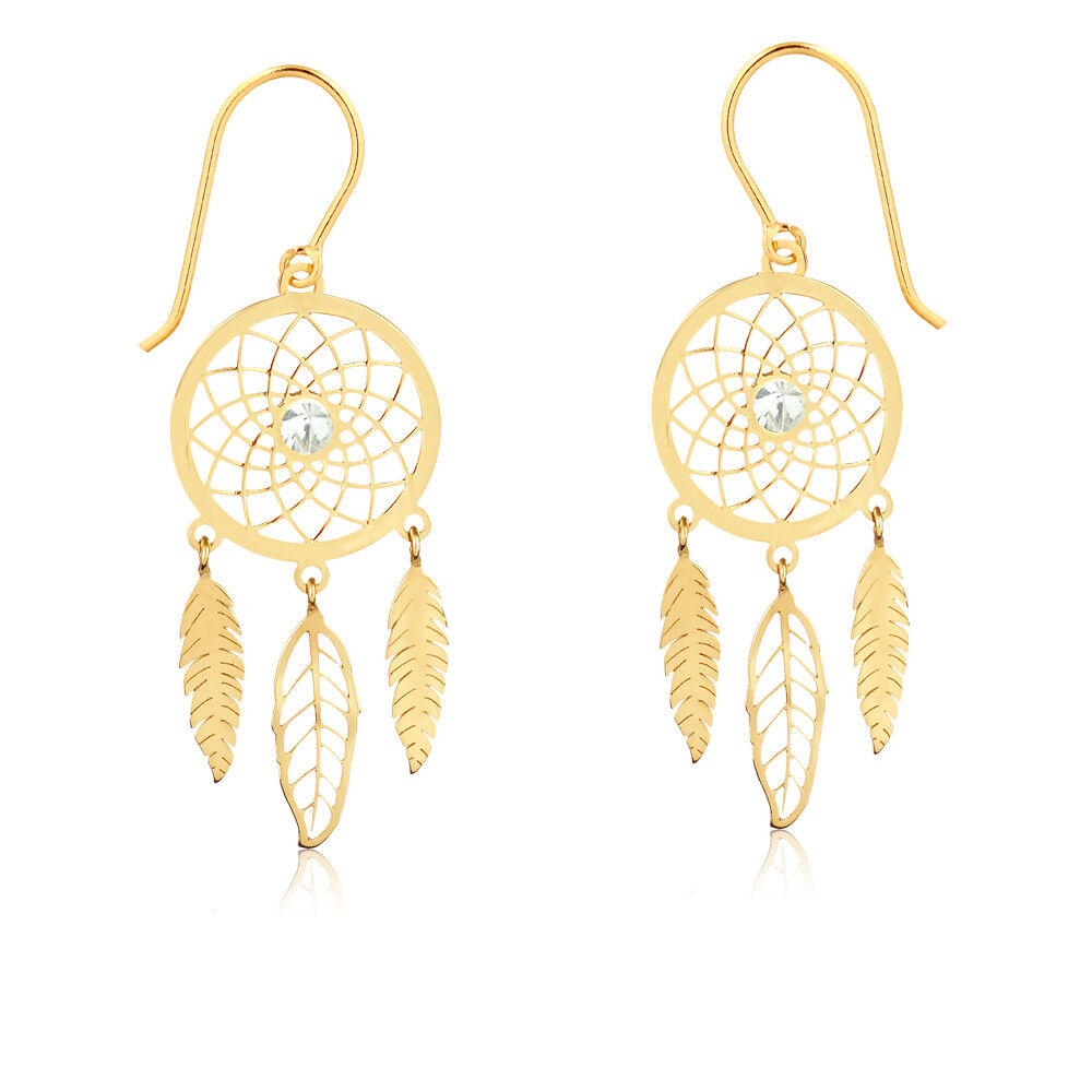 Dream Catcher 18k Solid Yellow Gold Cubic Zircon Hook Drop Dangle Earrings