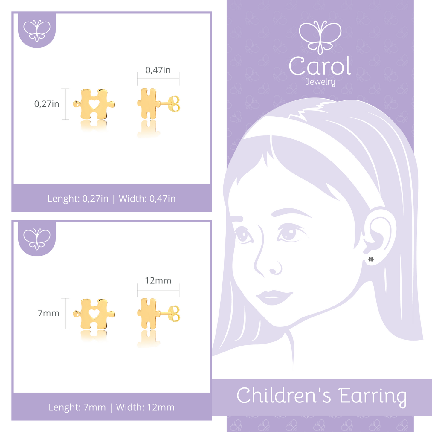 Puzzle Shaped 14k Solid Gold Butterfly Back Stud Earrings for Girls