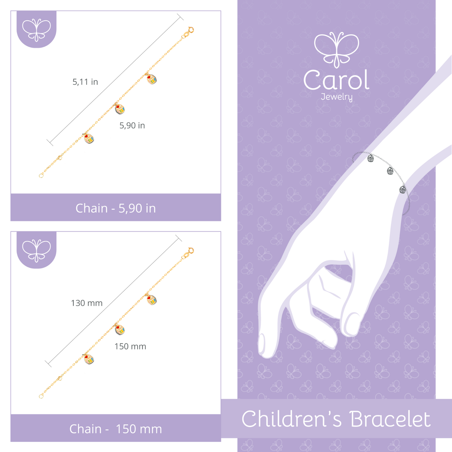 Bracelet 18k Solid Yellow Gold Enamel/Resin Cupcake for Newborn and Babies