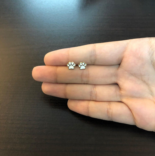 18k Solid Gold White Enamel Dog Paw Push Back Stud Earrings for Toddler Children