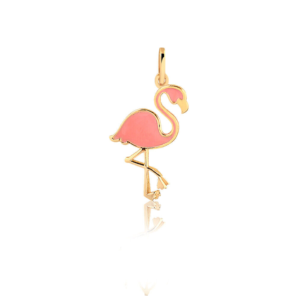 14k Solid Yellow Gold Enamel/Resin Flamingo charm for Chain for Girls