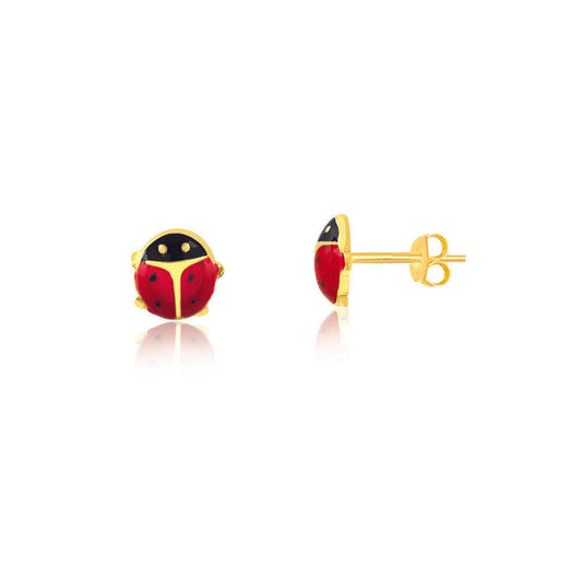 Ladybug 18k Solid Gold Enamel Butterfly Back Stud Earrings for Infants Toddler