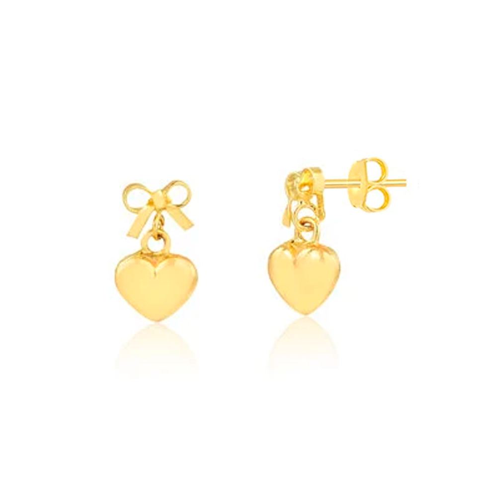 Bow Tie Heart 18k Solid Gold Push Back Drop Earrings for Little Girls, Toddlers