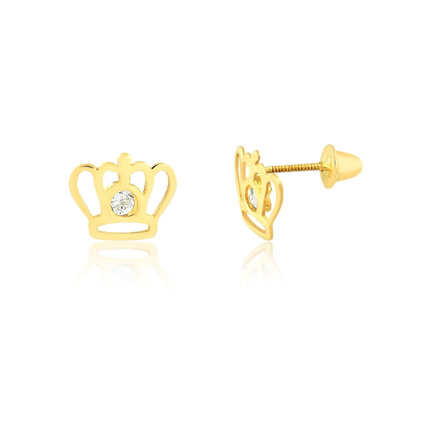 Crown Cubic Zircon 18k Solid Yellow Gold Screw Back Stud Earrings Toddlers Girls